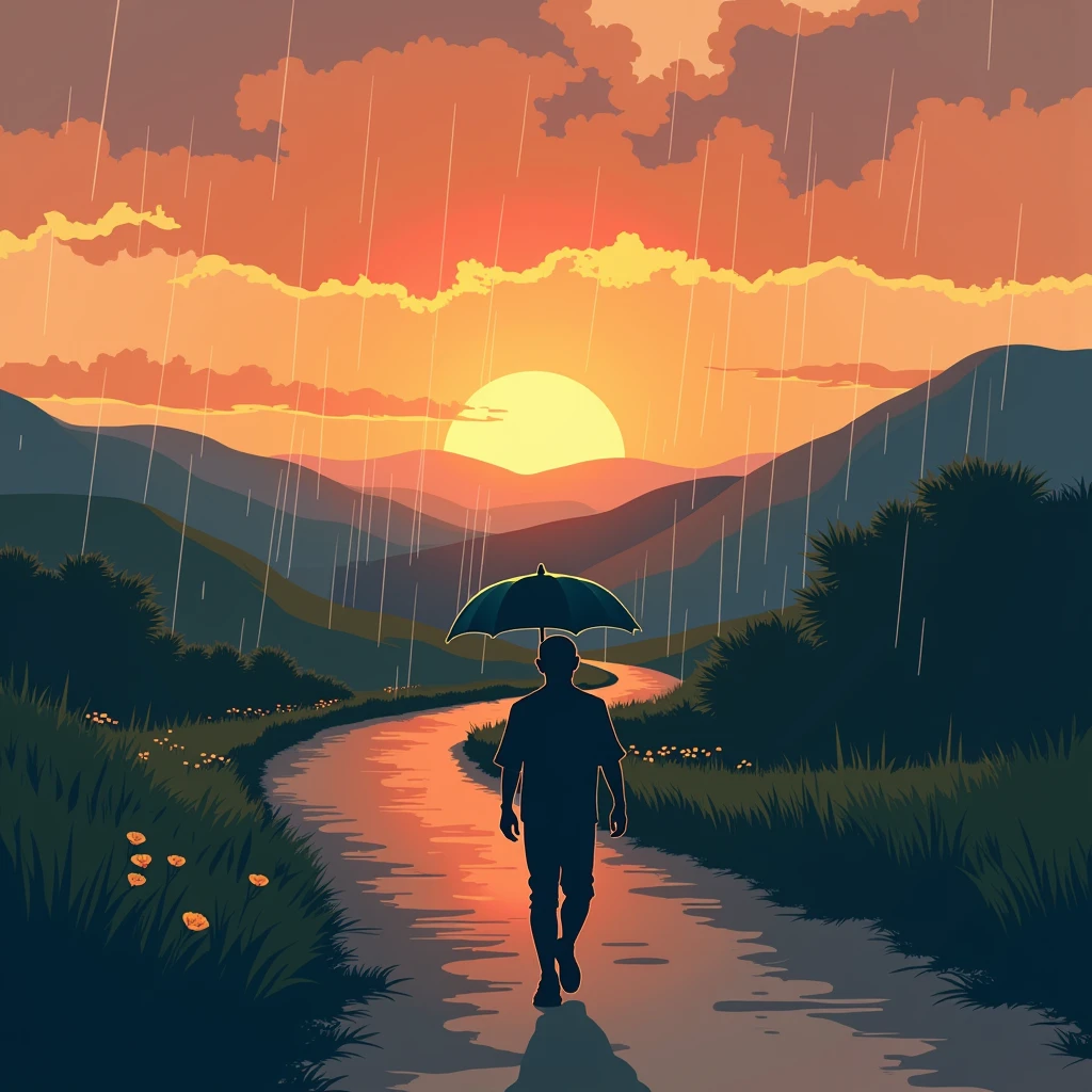 2d style , shadow , landscape , a man walking on a road, hold an the umbrella is in the closed state, sunset sky,  It just stopped raining for a while