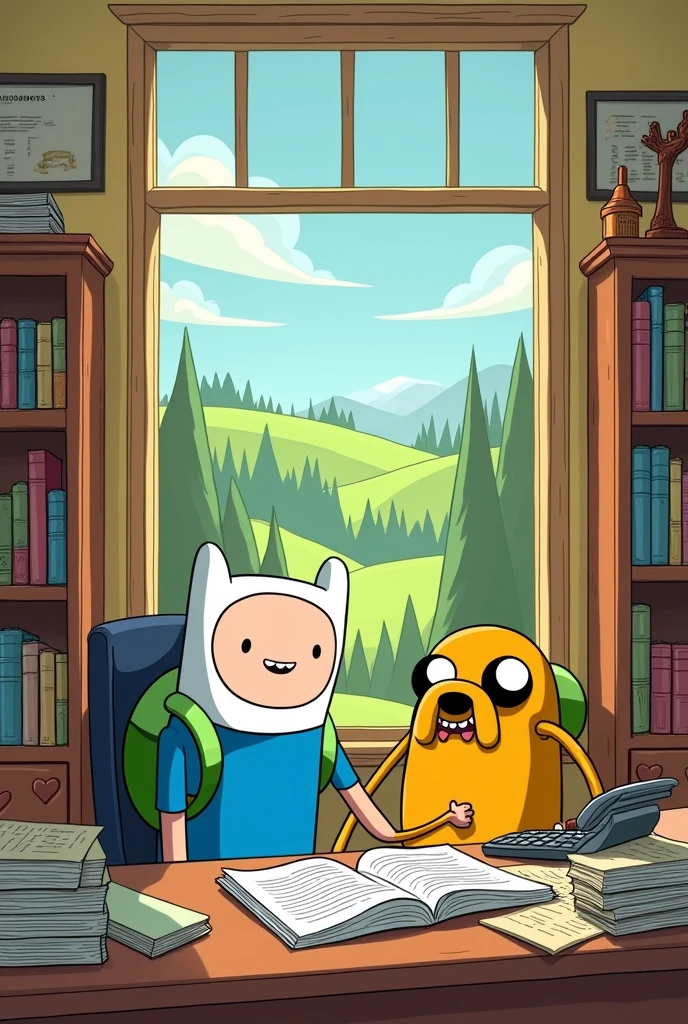 Give me a picture of Finn and Jake from Adventure Time as accountants 
