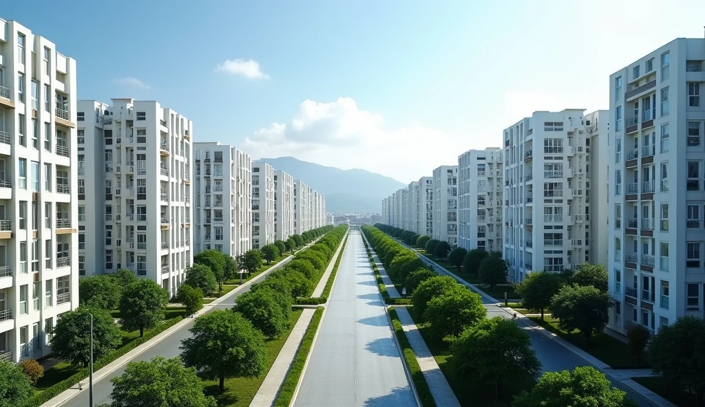 **Description for the image:**
- **vista**: Aerial.
- **FORMAT**: 16:9.
- **Location**: Main avenue of the city of Mollendo.
- **buildings**: Two rows of residential buildings, located on both sides of the avenue. There are 8 buildings on the left side and 8 on the right side..
- **Design of buildings**: Each building has a unique and varied architectural design., all white.
- **Height**: Each building is approximately 100 meters high and has around 28 floors..
- **Trees and path**: Includes trees along the avenue and on the central path.
--- This description should help generate a detailed aerial image of the avenue with the desired buildings and landscape..