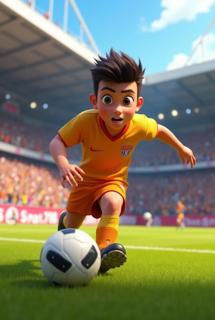 boy with big nose playing soccer in orange uniform with Crazy Bar logo
