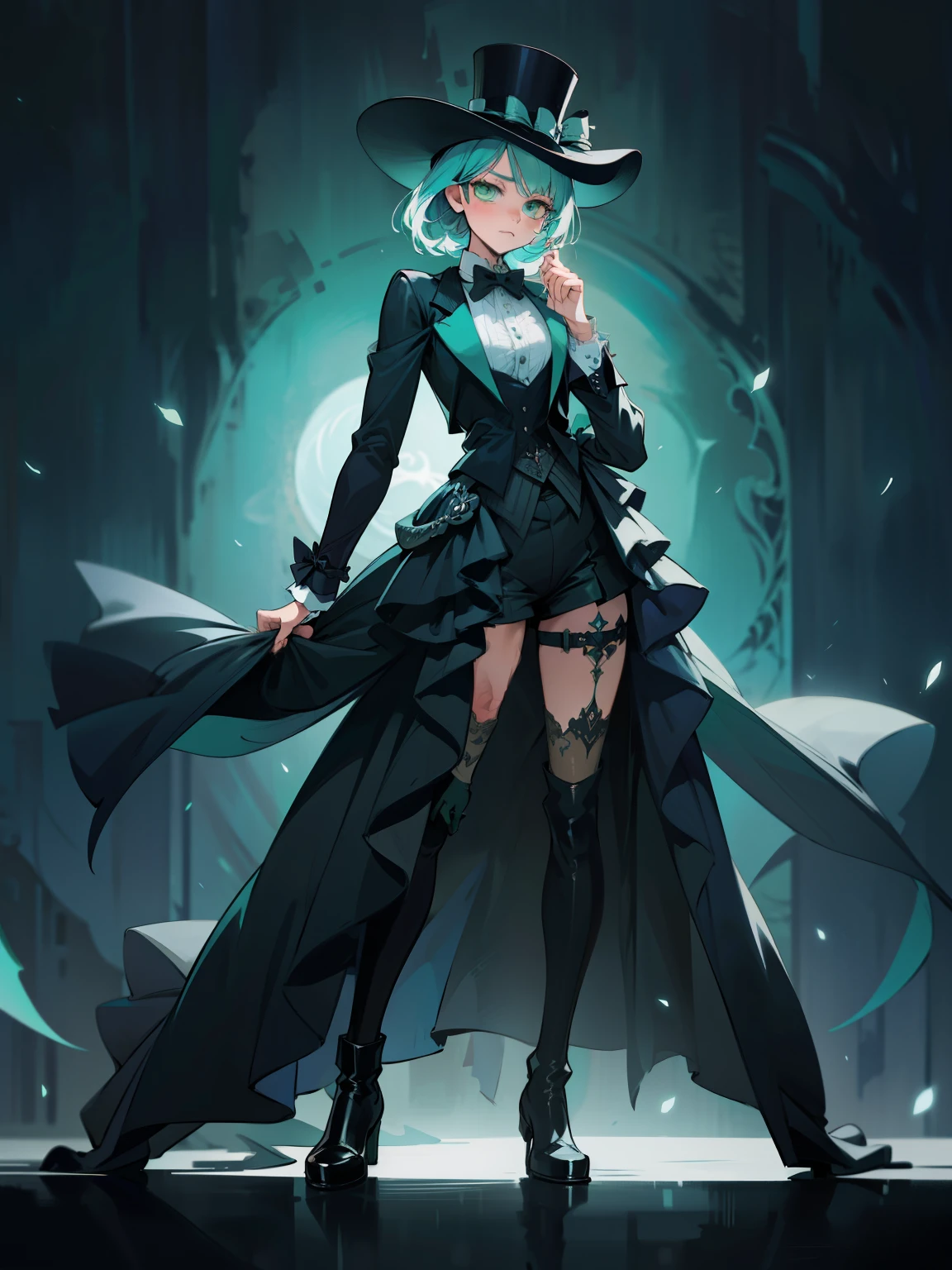 anime female character, shoulder length hair, medium turquoise color hair, bangs, green eyes, vest, boots, full body shot, pose, elegant, bangs, ouji fashion, "Black Butler" inspired outfit., butler outfit, suit, coat, fancy top hat, bowties, anime, Gothic art, anime, Gothic art, masterpiece, anatomically correct, accurate, high details, highres, 4K, 8K, highres, 1080P, super detail, masterpiece, anatomically correct,