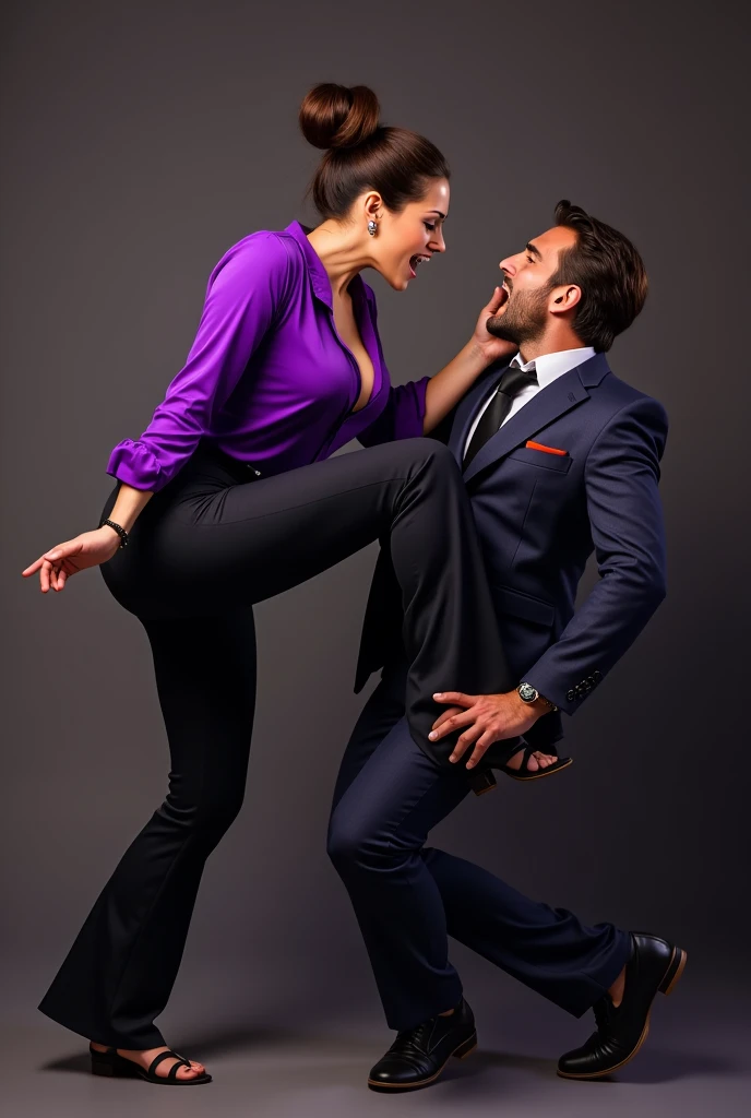 Beautiful Mistress,brown bun hairs, wearing purple boot-cut pants, wearing purple blouse ,wearing black sandals, handsome man, man wearing suit, mistress shouting on man, mistress fighting with man,  mistress beats man, mistress trampling man's mouth, mistress puts her foot on man's mouth