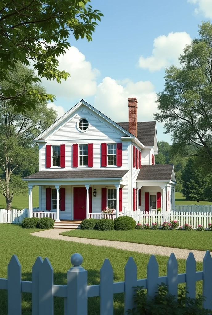 White house two story with red shutters in the country with a white picket fence