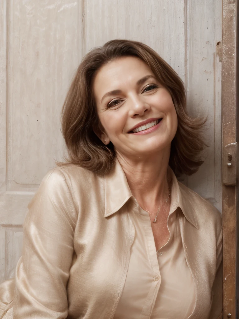 cute drunk older MILF, ((50yo)), (leaning on old metal door), white light over head, (russian), (gorgeous inviting mature face), (giggling), (wearing beige silk shirt and black coat), (flirting with viewer), brown hair,