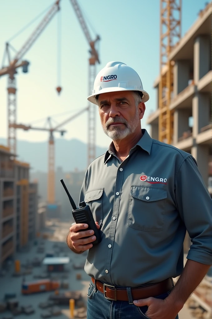 Crate a HSE Manager image White helmet and walki talki and shirt pocket ENGRO Logo fix 