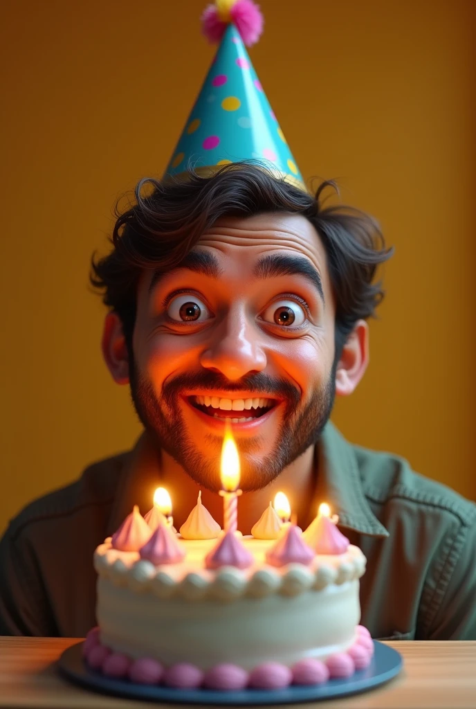 Evandro Mesquita with a birthday hat blowing out the candle on a birthday cake