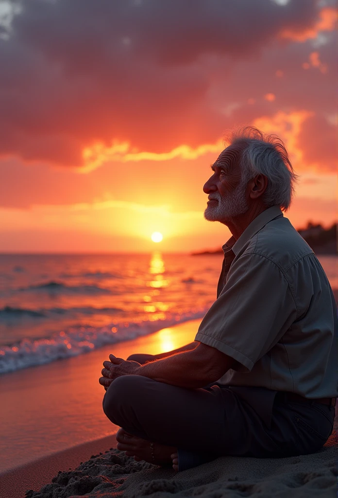 a 70 year old man sitting on the beach watching the sunset