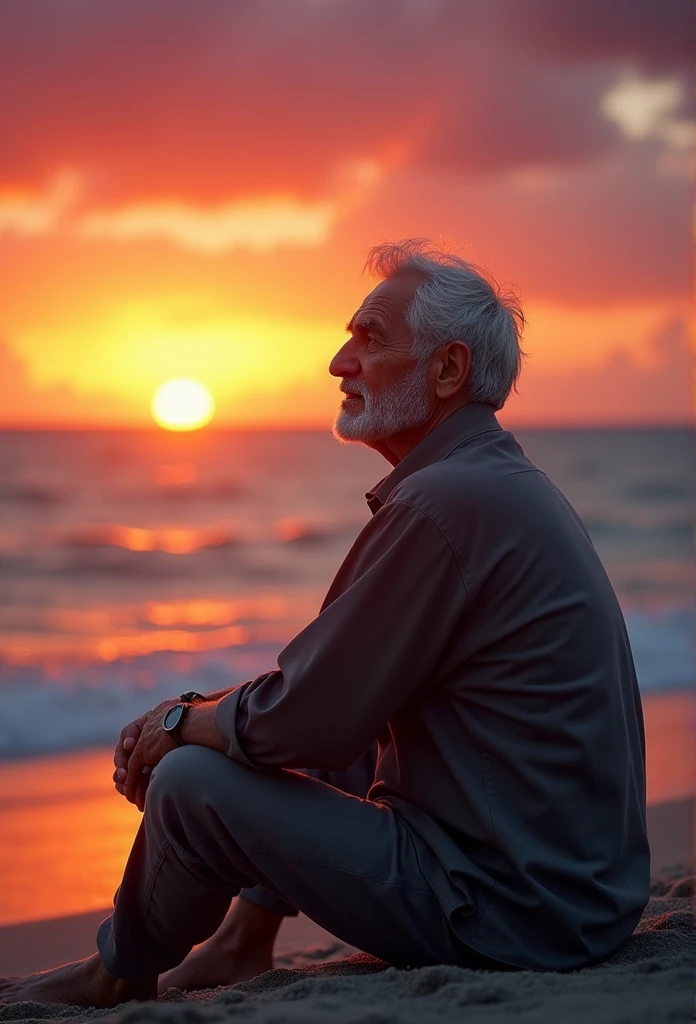 a 70 year old man sitting on the beach watching the sunset