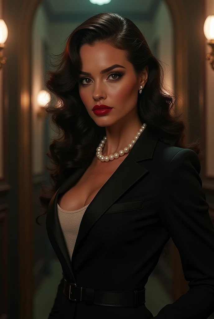 a female gangster in 1940s style, ultra-chic, ultra-sexy, detailed face, beautiful eyes, beautiful lips, beautiful skin, long curly hair, pearl necklace, red lipstick, smokey eye makeup, sharp suit, high heels, dramatic lighting, cinematic composition, moody color palette, film noir atmosphere, photorealistic, 8k, best quality, masterpiece