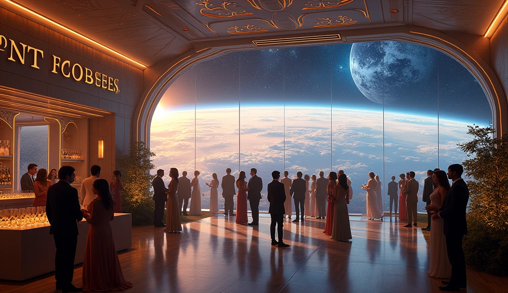 Hotels in space orbiting earth, celebration in the hotel, extreme details.