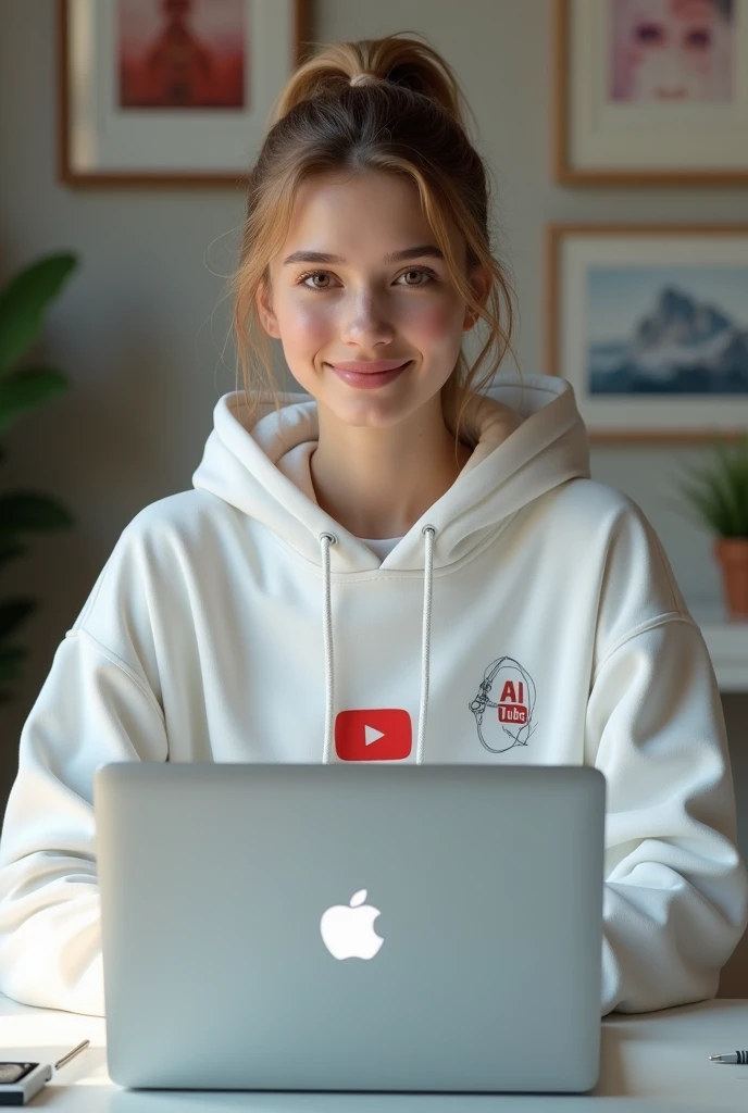 Create me a 19 year old
girl with pony tail sitting behind a table exactly in front of camera , confidently looking into my camera wearing white hoodie with Ai Girl logo on its front , with a laptop on table with big youtube logo with frames all over the wall behind