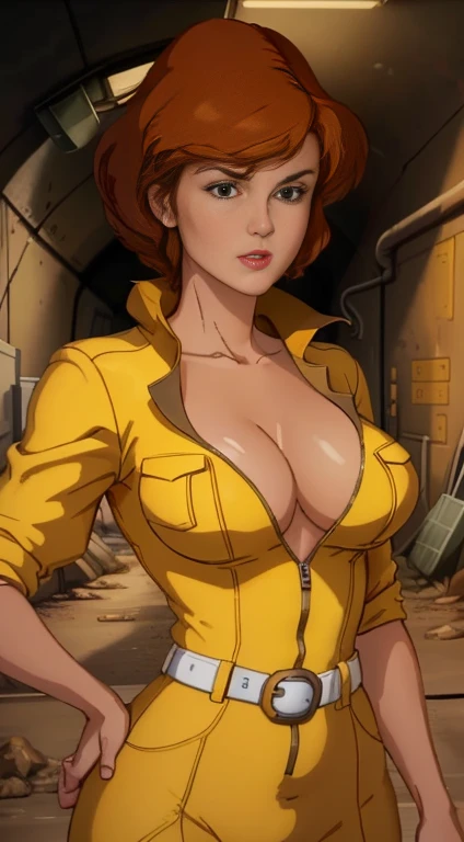 unreal engine:1.4,UHD,The best quality:1.4, photorealistic:1.4, skin texture:1.4, masterpiece:1.8,showing back  April O'Neil waifu, 1980s \(style\), 1 woman, brown hair, Red hair,short hair,orange hair,serious expression, worried expression, Retro art style, short hair, only, female television reporter, yellow jersey suit, white belt,jersey suit on yellow hips, (naked_old: 1.2), half_old, neckline, hyperrealistic eyes, beautiful eyes,detailed eyes, realistic face, beautiful woman woman, realistic background,Inside a cyberpunk sewer tunnel, Amazing lights, amazing background, TV reporter