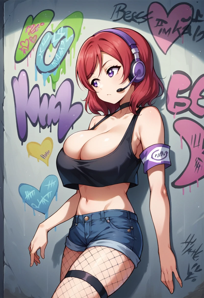 Masterpiece, best quality, (from side:0.6), nishikino maki, red hair, purple eyes,cowboy shot,solo ,gothic make up ,crop top, ((colossal cleavage)), denim shorts, choker, (graffiti:1.5), paint splatter, against wall, looking away, armband, thigh strap, paint on body, head tilt, bored, headset, fishnet pantyhose naked,love live style 