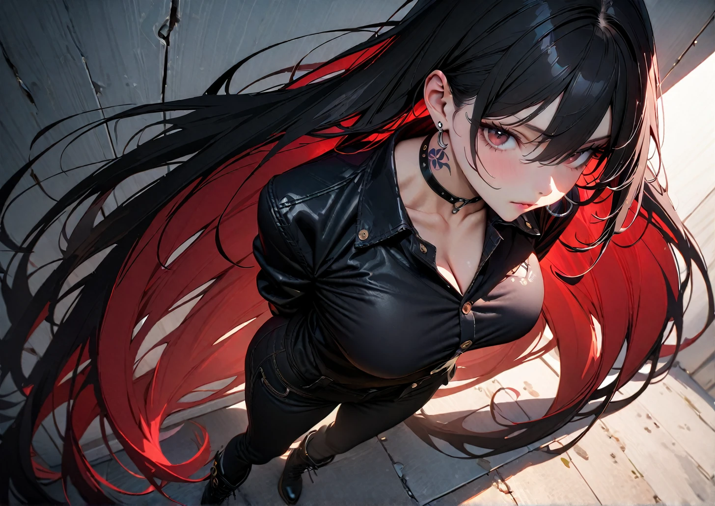 ((top quality, Very delicate, 8K, masterpiece)), ((tattoo)), (A detailed face, edgy), One woman, full body, (black hair, red inner hair, absurdly long hair), choker, earrings, spike, large breasts, pornographic underwear, (black Jacket with open buttons, skinny pants, boots), Athletic, leaning on wall, high angle