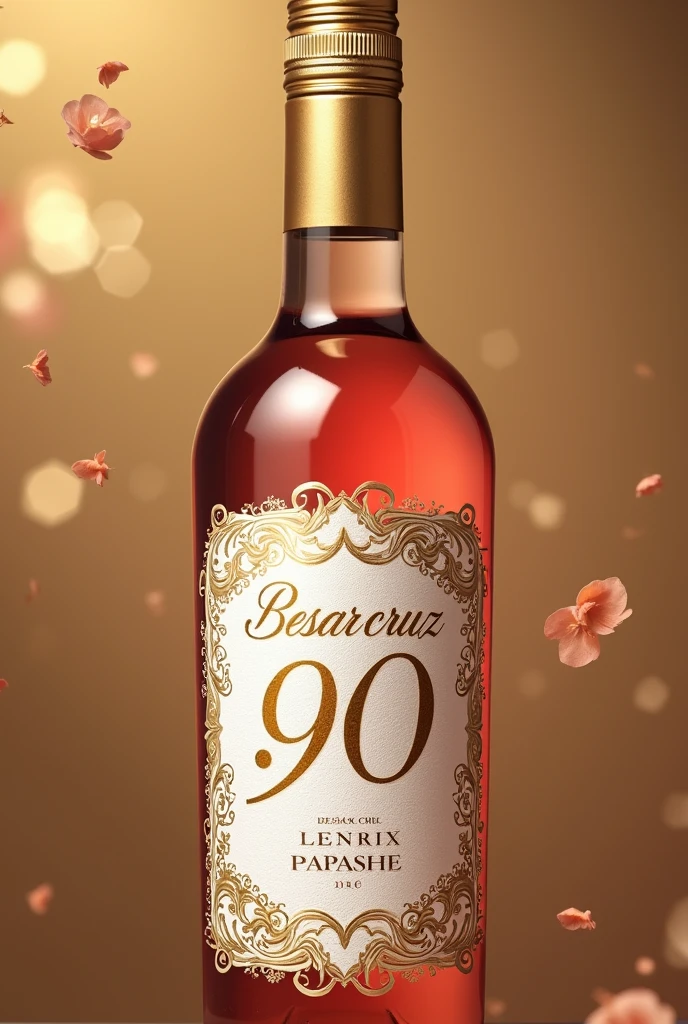 Rose wine label that says my 90 years CESAR CRUZ PAPASHE white and gold color music theme