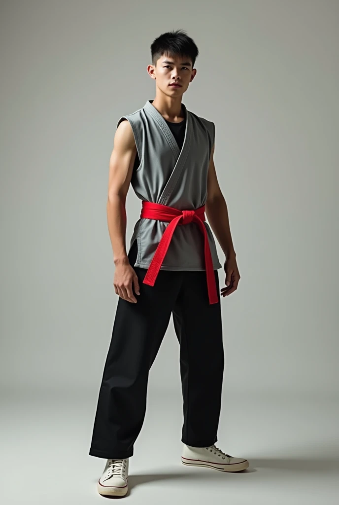 20 year old boy with pale white skin
Good body Wearing a tight black shirt, over it a grey karate suit sleeveless, and red belt,
Black pants and white plain boots