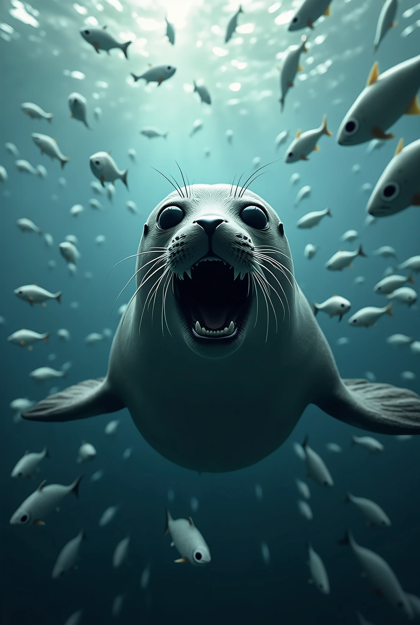 Head on view of a Seal swimming into a school of fish, fish swirling around it in foreground and background, mouth open to catch one