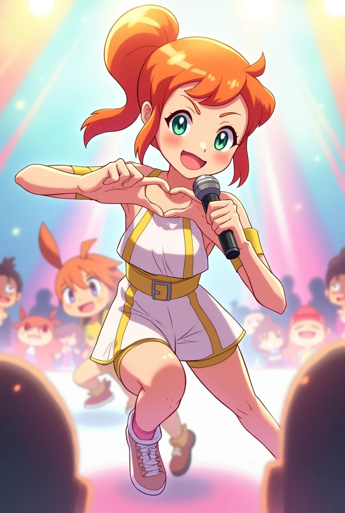 Draw Misty from Pokémon in anime version as a pop star dancing with a microphone in her hand, green eyes and a radiant smile, surrounded by a background with pastel colors. Her hair is short orange tied into a ponytail ,Her bangs are divine in three parts.

Let your clothes be white with yellow.
Make a heart with your fingers .

Draw Ash from Pokémon watching her from the audience 
