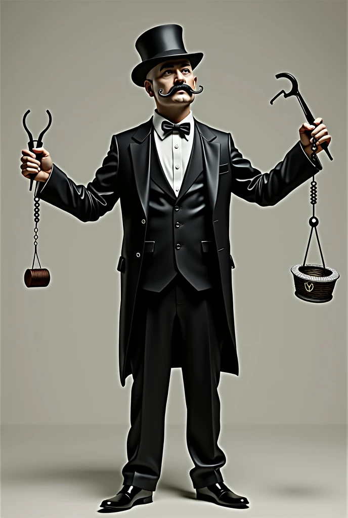man in black suit,  bow tie bowler hat , thin mustache, small metal basket hanging from his right index finger, a medical forceps in the left hand, arms wide open, and raised at 45 degrees,   body turned to the left, head turned to the right

