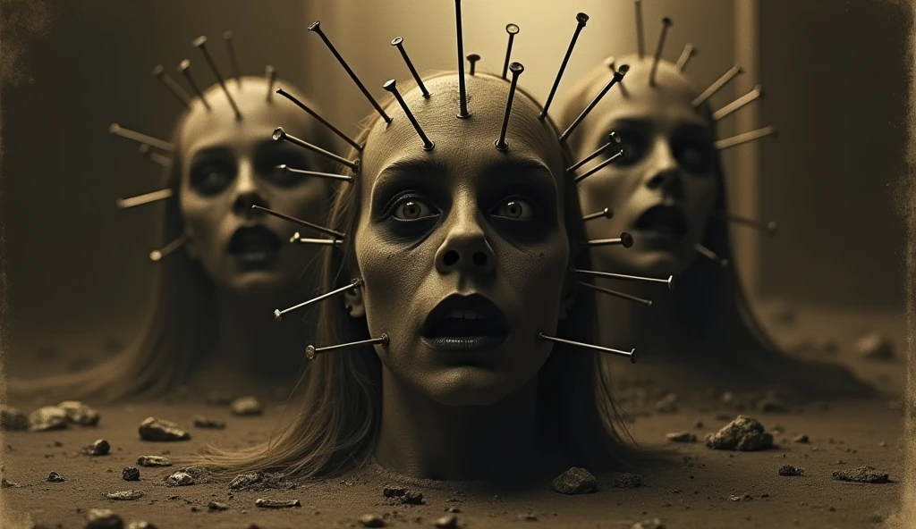 (Very old photograph only in sepia color), cenobitic female characters from the movie Hellraiser, ((in full shot, low-angle ground view,)) ((LeMarchand Cube Puzzle)), black lipstick, scream and anger, (black eyeball), symmetrical cut on the face, (lot of nails in the head, frightened, horrified, terrified, insane, disgusting, disturbing, disturbing, Impactful, vintage, old film, (painting and surreal landscape inspired by Zdzislaw Beksinski and Wayne Barlowe), director Fritz Lang credits, science fiction, dynamic composition, gritty textures, shadows and highlights, bright costumes, excitement and adrenaline, cosmic horror influences , sinister composition, macabre atmosphere, high contrast, deep shadows, mysterious atmosphere, vintage film grain effect, horror elements, retro film noir aesthetic, monochromatic color scheme, elements of suspense and mystery, of the mind Creative by Fritz Lang, eye-catching visuals, innovative visual effects, gripping plot, thrilling horror with a twist. photorealistic, cinematic film, Ultra detailed, RAW photo, cinematic, artstation style, concept art, masterpiece, 8k, black and white, realistic textures, 3D rendering