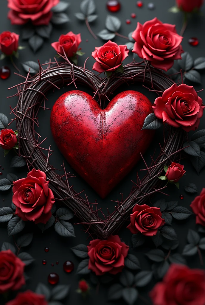 Royal heart surrounded by thorny roses with blood