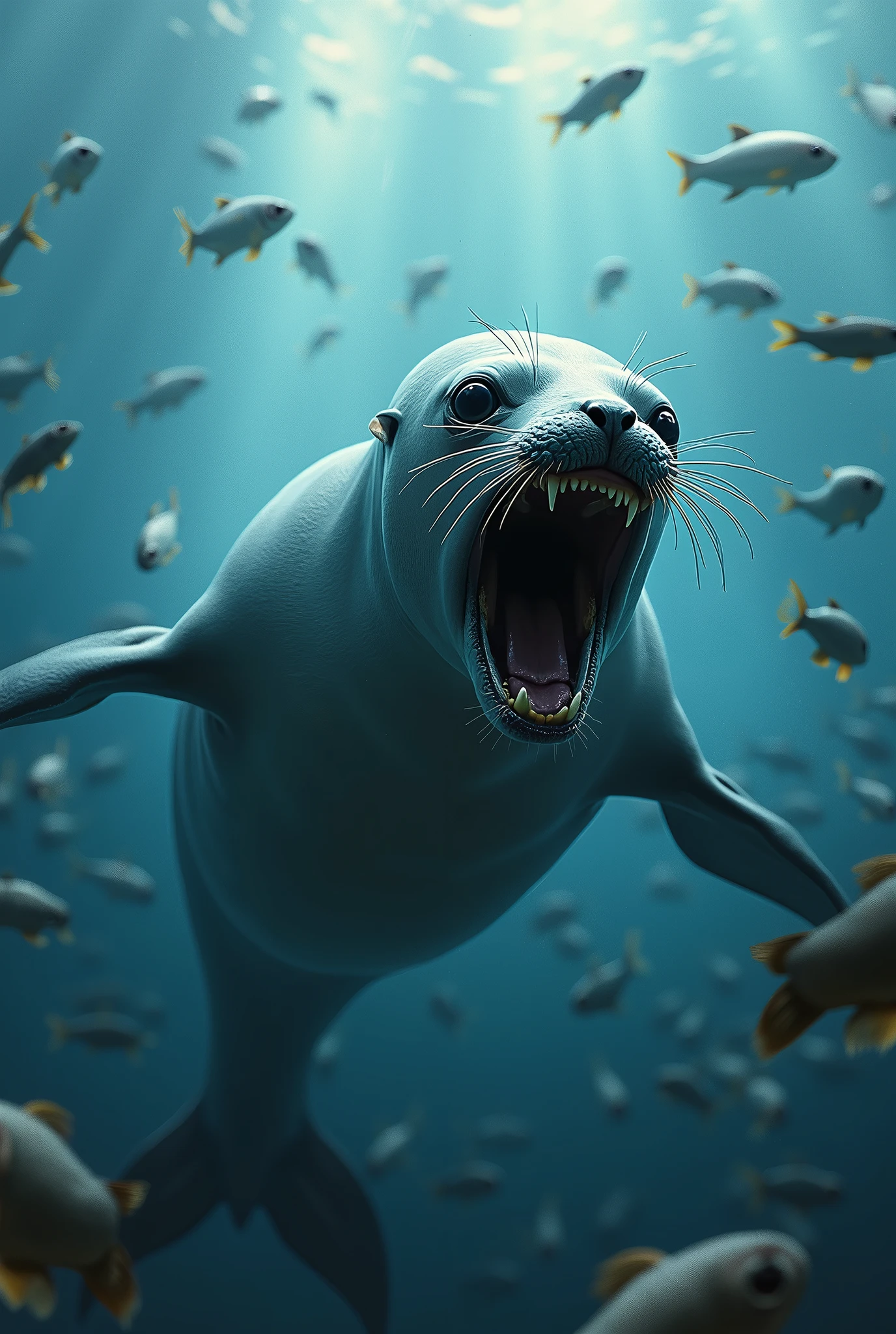 Head on view of a Seal swimming into a school of fish, mouth open to catch one