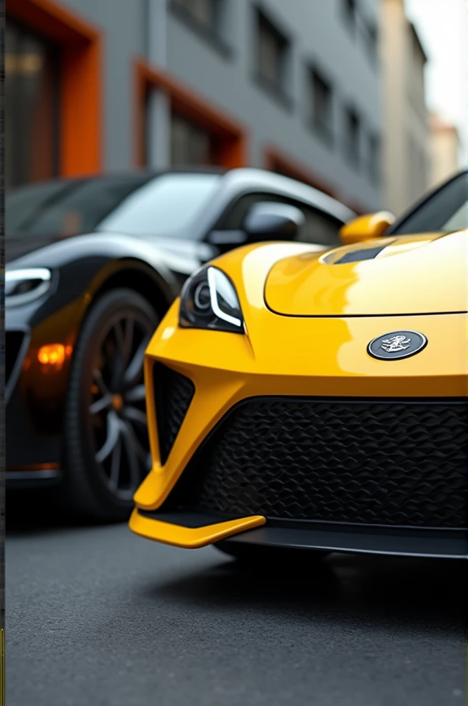 2 cars, one black and one yellow with the Motuxta logo