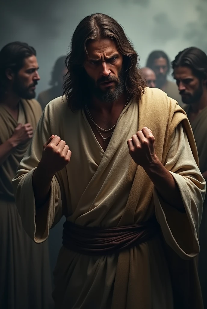 "Create a powerful and somber image depicting Jesus with a sorrowful and angry expression towards sinners. Jesus should be shown with a pained and intense look, reflecting both sadness and righteous indignation. His posture should convey a deep emotional response, possibly with clenched fists or a bowed head, emphasizing His distress over the sinfulness. The setting should be dark and foreboding, such as a shadowy, desolate landscape or a stormy sky, to enhance the mood of the scene. The lighting should be stark and dramatic, casting strong contrasts and shadows to underscore the gravity of the moment. This image should capture the complex emotions of disappointment and anger, juxtaposed with the inherent compassion and concern of Jesus."


















































