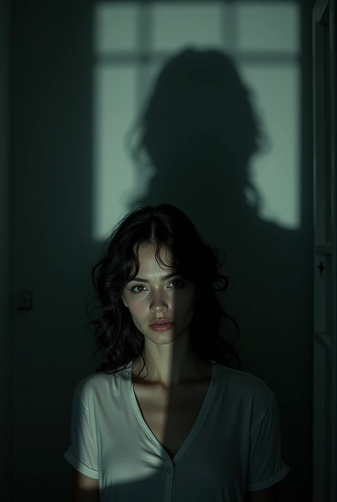 A white woman, with her black hair. Locked in a room and behind a 32-year-old man who only sees his shadow.