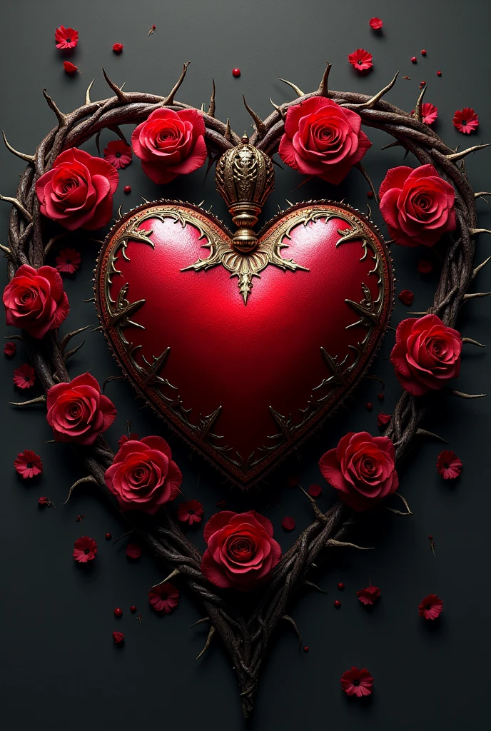 Royal heart surrounded by thorny roses with blood