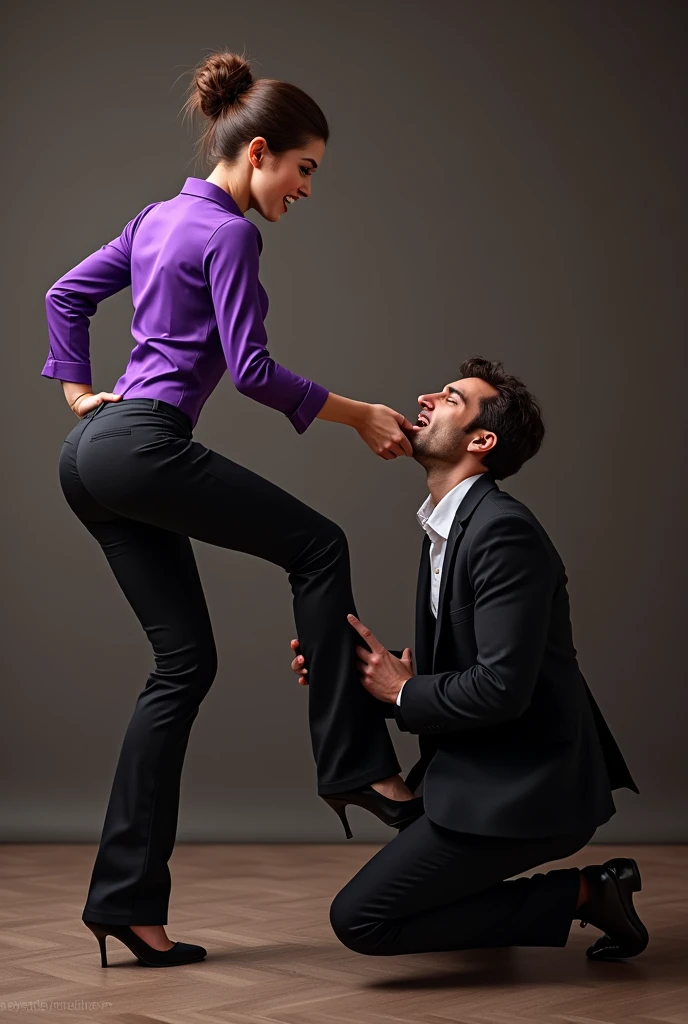 Beautiful Mistress,brown bun hairs, wearing purple boot-cut pants, wearing purple blouse ,wearing black sandals, handsome man, man wearing suit, mistress shouting on man, mistress fighting with man, mistress beats man, mistress trampling man's mouth, mistress puts her foot on man's mouth