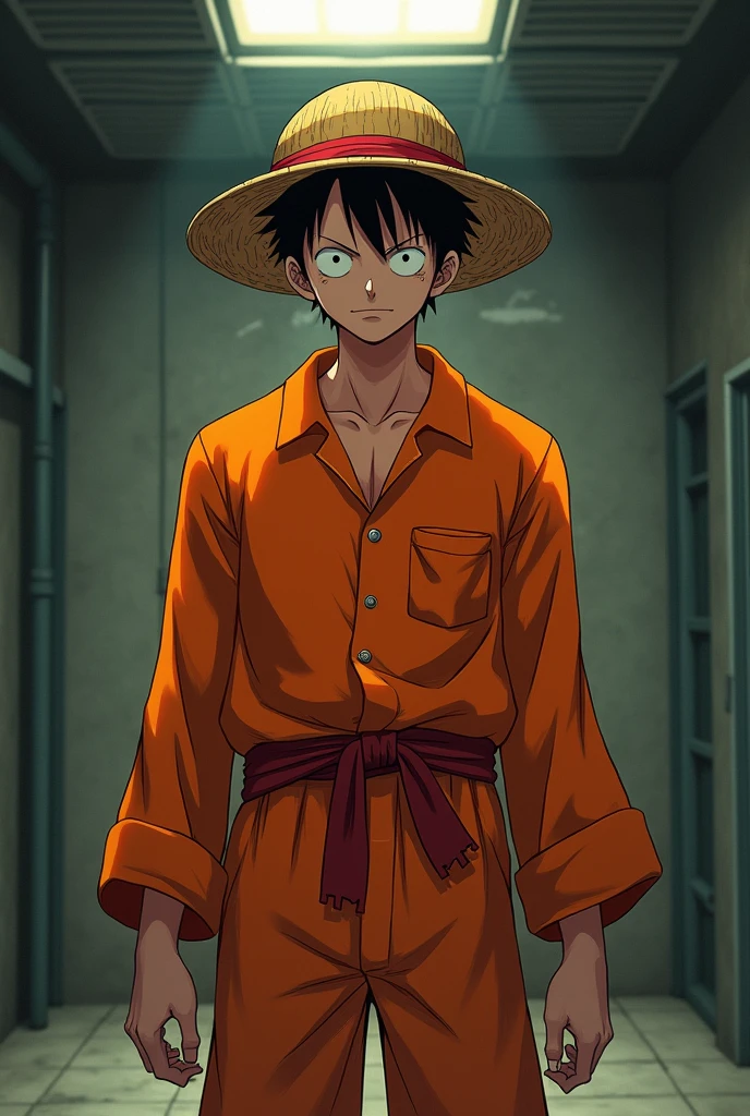 Monkey D. Luffy in orange long-sleeved prison uniform with white flannel