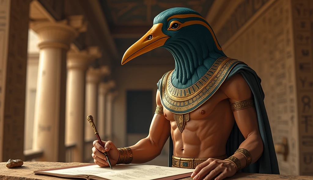 "Create Thoth, the Egyptian god. He should have the body of a man and the head of an ibis, a sacred bird in Egypt. Thoth is typically depicted holding a scribe's palette and a stylus, symbolizing his association with writing and knowledge."