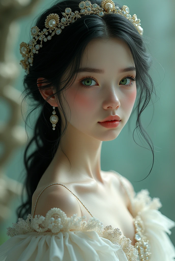 a young girl, she is eighteen years old, she is from fantasy world, she is short and fit, she has big magnetic green almond eyes, she has thin heart lips, she has very dark jet black long hair, she is pale like snow and light skinned, she is queen from fantasy world she is from Serbia