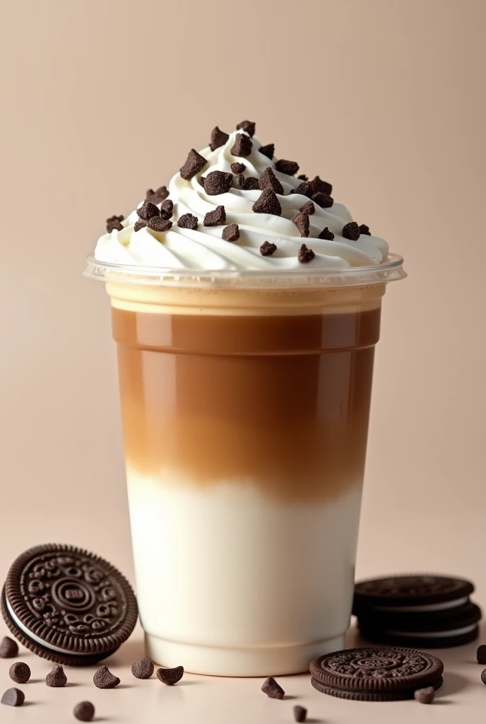 give me a picture of milk in the bottom with coffee on top, with flat whipped cream, topped with oreo crushed bits and mini choco chips on top in a 16oz plastic cup without lid