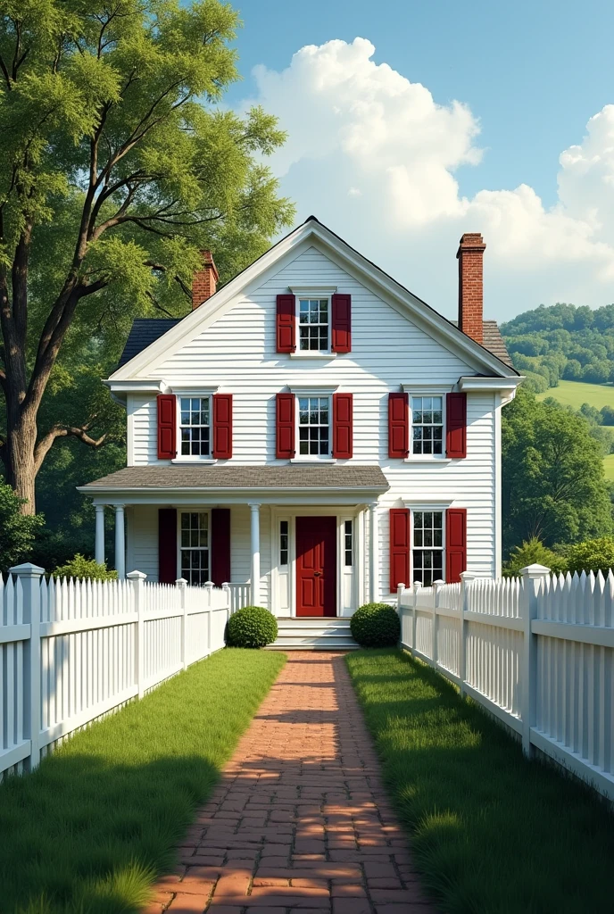 White house two story with dark red shutters in the country with a white picket fence