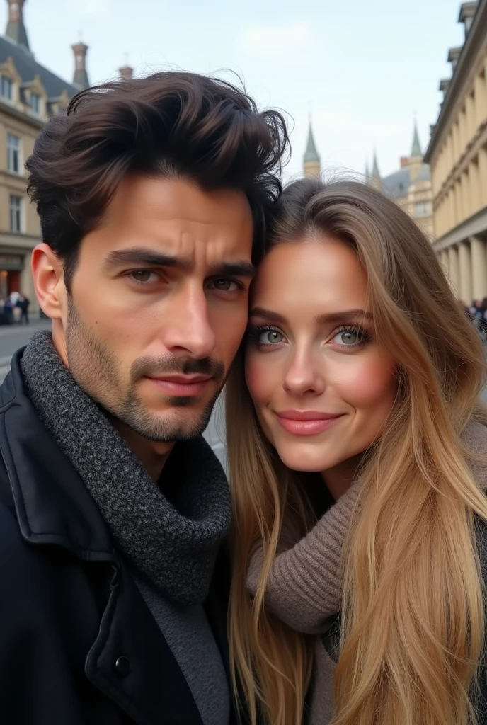 Photo of a couple in London taking a selfie, he is dark-haired with brown eyes, 3, she is blonde, green eyes, very long hair, 8k ultra realistic 