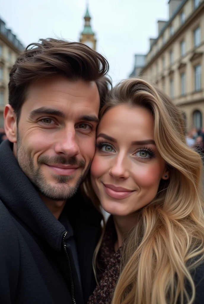 Photo of a couple in London taking a selfie, he is dark-haired with brown eyes, 3, she is blonde, green eyes, very long hair, 8k ultra realistic