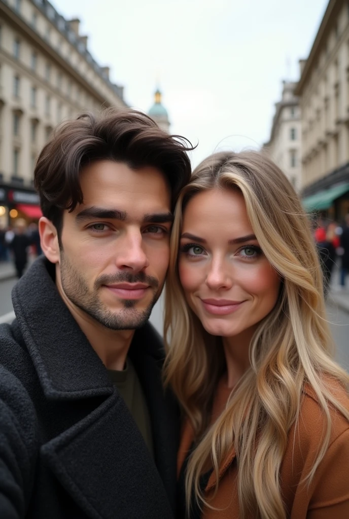 Photo of a couple in London taking a selfie, he is dark-haired with brown eyes, 3, she is blonde, green eyes, very long hair, 8k ultra realistic 