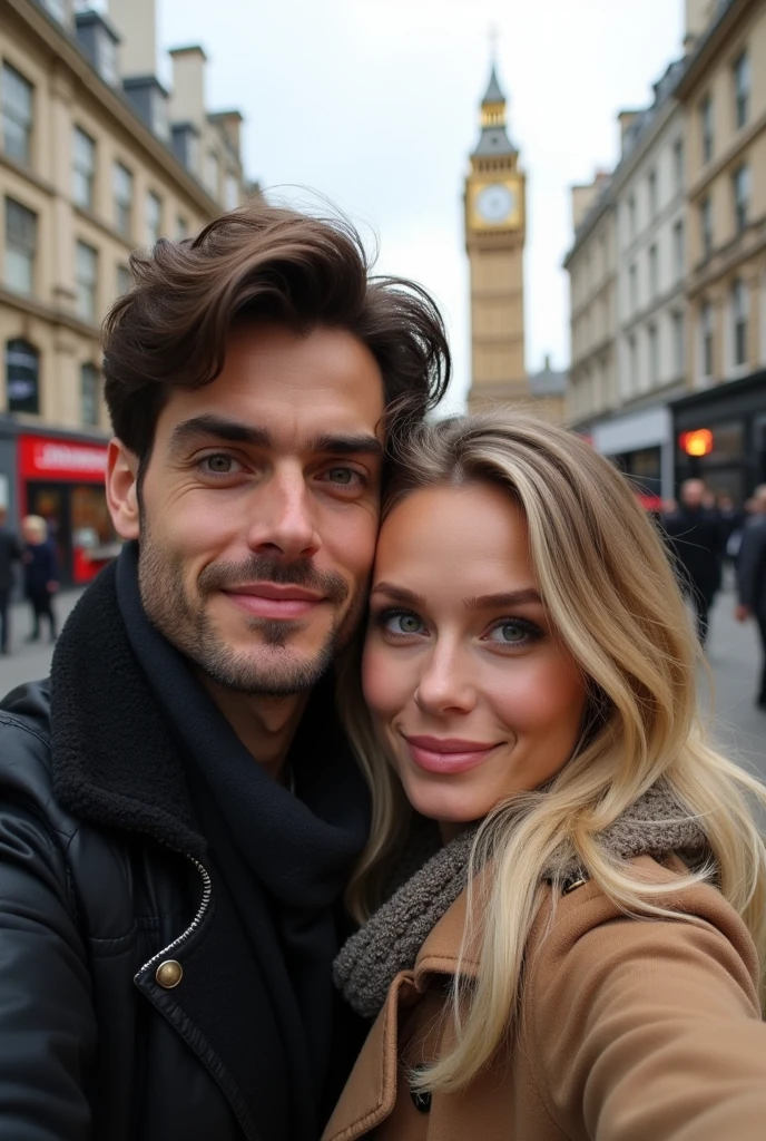 Photo of a couple in London taking a selfie, he is dark-haired with brown eyes, 3, she is blonde, green eyes, very long hair, 8k ultra realistic 