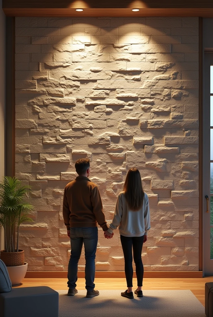 Create a faux stone patterned wall, Around place two adults who look at the wall and are happy because of how beautiful it looks, the image to make it realistic as if they were in the house.