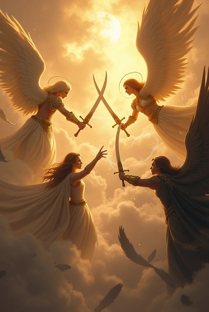 Angels fighting in the heavenly realms ,Good angels in golden armor and evil angels in dark suits.