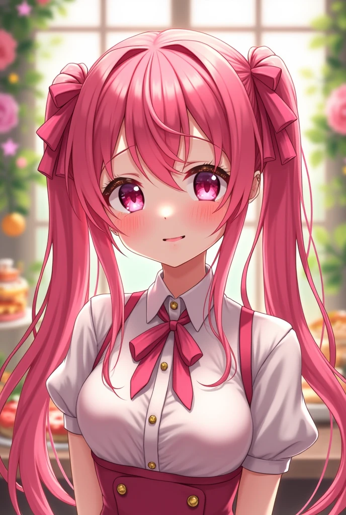 One person, High resolution, Twin tails, Pink eyes, 8k octane, anime, Character Design, Food, Blushing, smile, 