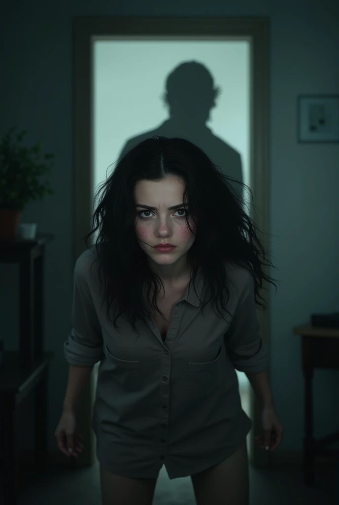 A white woman, with her black hair. Locked in a room and behind a 32-year-old man who only sees his shadow. 