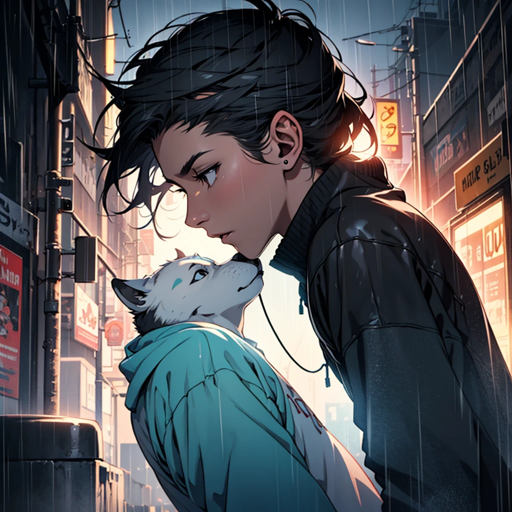 Create an avatar of a guy listening to music in the rain with a black background, side view