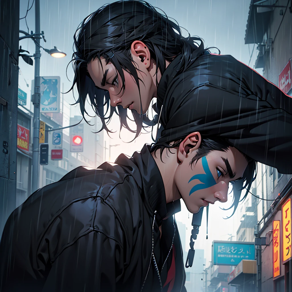 Create an avatar of a guy listening to music in the rain with a black background, side view