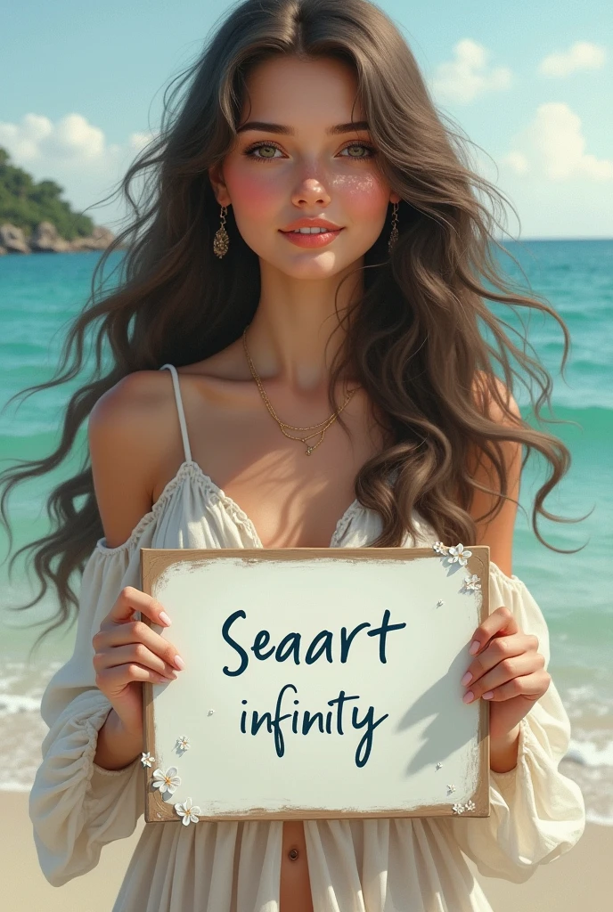 Beautiful girl with wavy long hair, bohemian dress, holding a white board with text "I Love Seaart Infinity" and showing it to the viewer