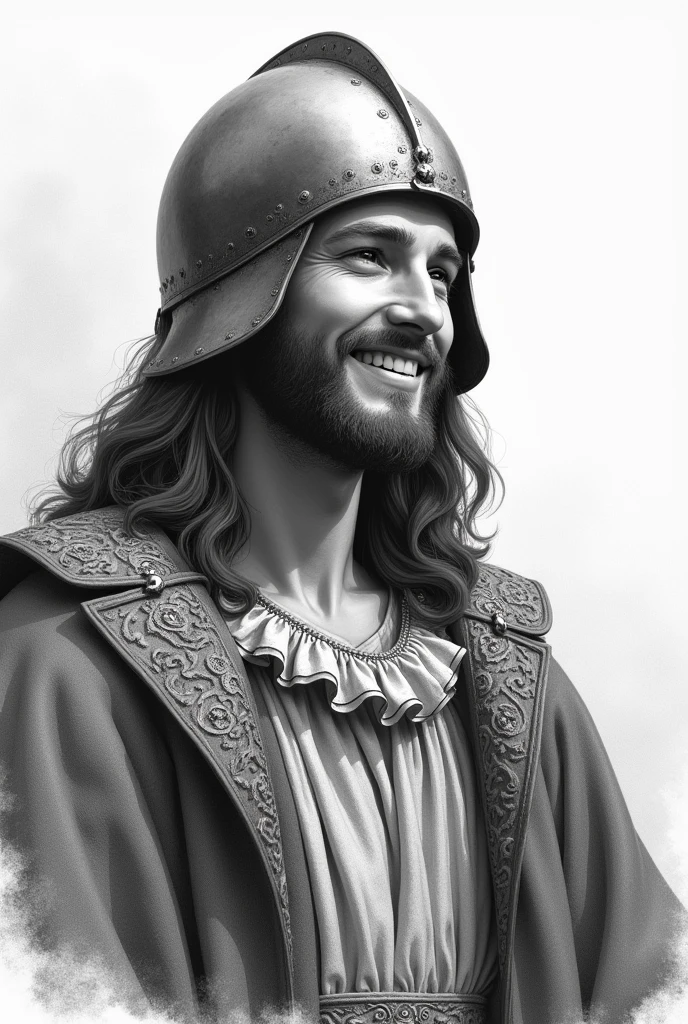 Jesus smiling, looking natural with a medieval helmet and a Spanish conquistador costume from the past, that it can be seen from the waist up, with illustration style like a drawing