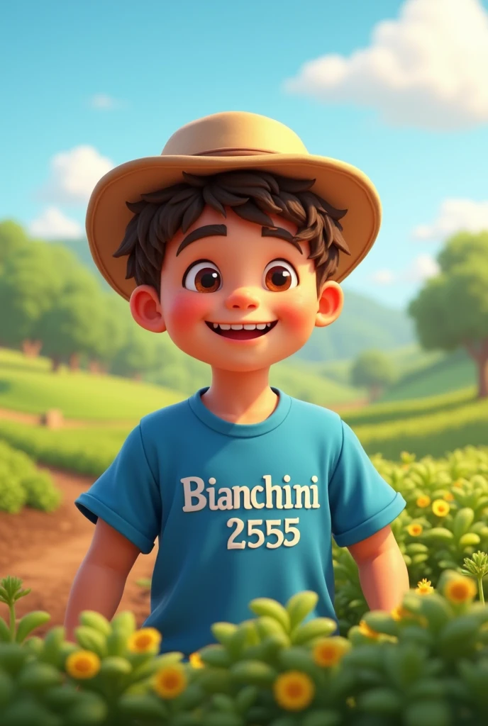 A happy child farmer wearing a blue t-shirt with the word Bianchini 22555
