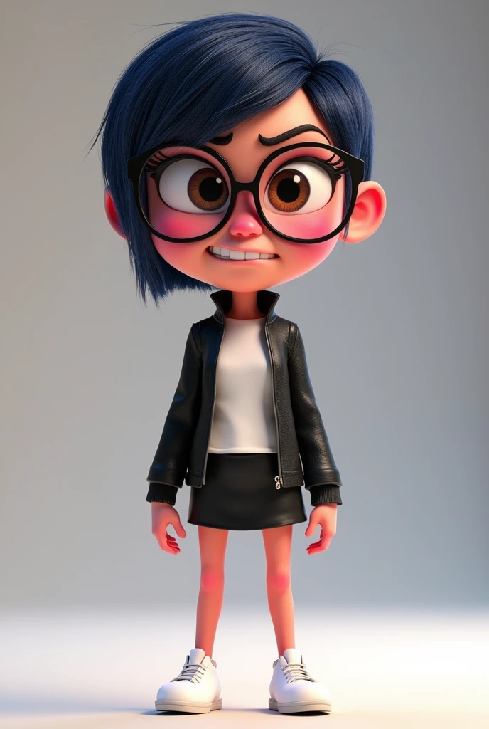 Personagem cartoon 3d de (Female One, medium breasts , short, turned legs) from the movie Inside Out Disney Pixar style, with the skin
(Pink), eyeballs (light brown s), body hair (body hair curto preto),
(wearing glasses, white blouse, Black jacke, short leather skirt, white platform shoe). expression of (smiling angrily) in the face